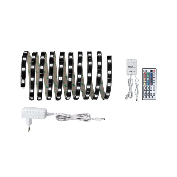 Set aus zwei LED Streifen mit Bewegungsmelder, Netzteil und Montagezubehör zur Beleuchtung.
