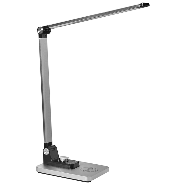 Silberfarbene LED Schreibtischleuchte mit kabelloser Ladefunktion.