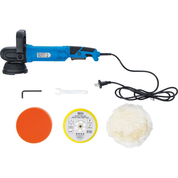 Blaue elektrische Exzenter-Poliermaschine mit orangefarbenem Polierschwamm, weißer Polierhaube, gelbem Klettteller und Werkzeug.