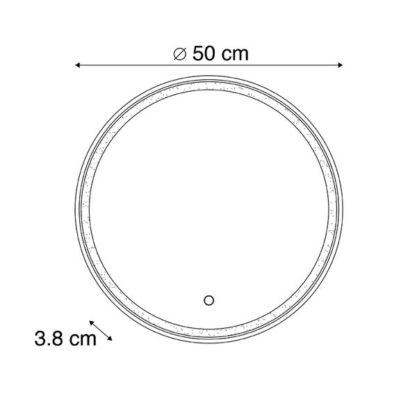 Technische Zeichnung eines runden Spiegels mit einem Durchmesser von 50 cm und einer Tiefe von 3,8 cm