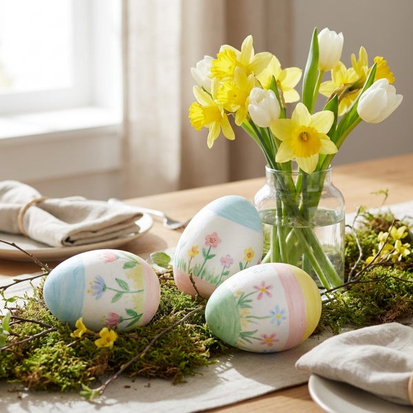 Osterdekoration mit bemalten Ostereiern auf Moos, einem Strauß aus Osterglocken und Tulpen in einer Glasvase auf einem Holztisch.