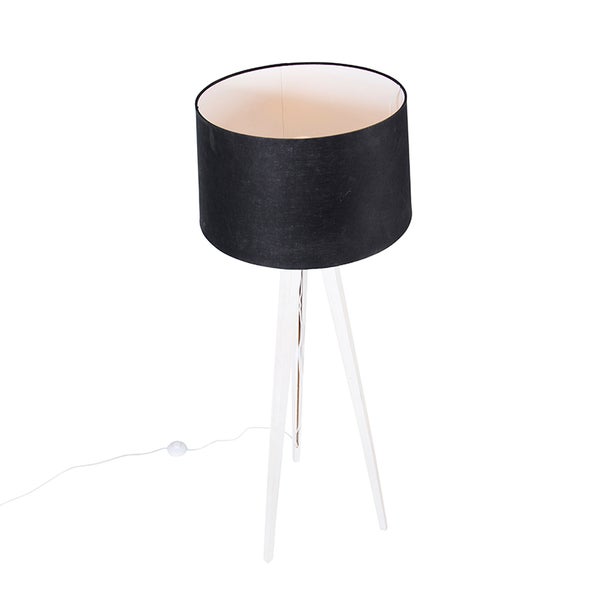 Stehlampe mit schwarzem Schirm und weißem Holzfuß