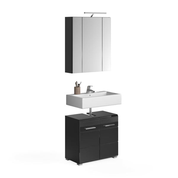 Badezimmermöbel-Set mit schwarzem Unterschrank, weißem Waschbecken und dreitürigem Spiegelschrank mit LED-Beleuchtung.