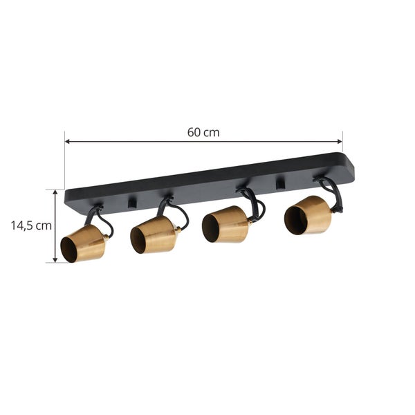 Deckenleuchte mit vier Lampen und Maßangaben