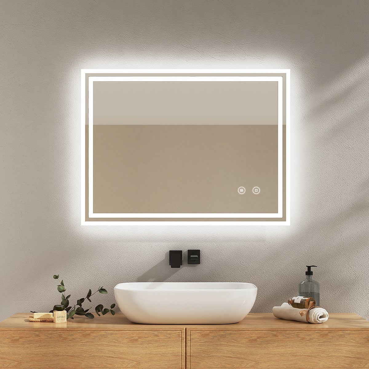 EMKE Badspiegel mit Touch 6500K LED-Beleuchtung eckig, Beschlagfrei, Helligkeit Einstellbar, Memory-Funktion, Horizontal&Vertical 80 x 60 cm