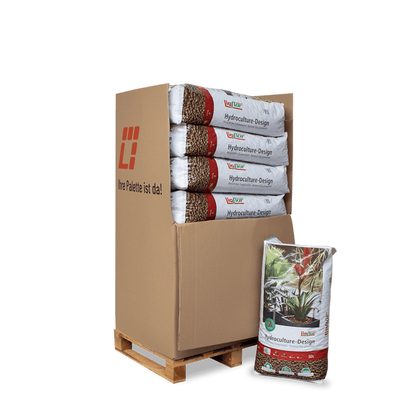 Liaflor Hydroculture Design Blähton 50 Liter, natürliches Tongranulat auf Holzpalette und ein einzelner Sack.
