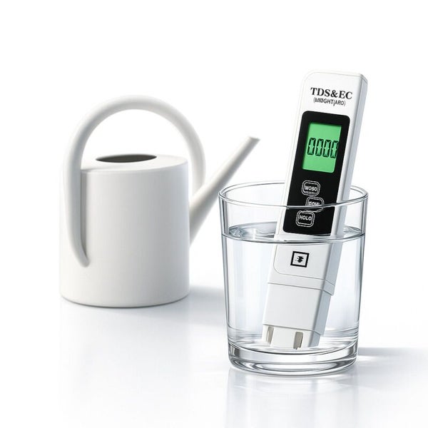 Ein TDS Messgerät im Wasserglas neben einer Gießkanne