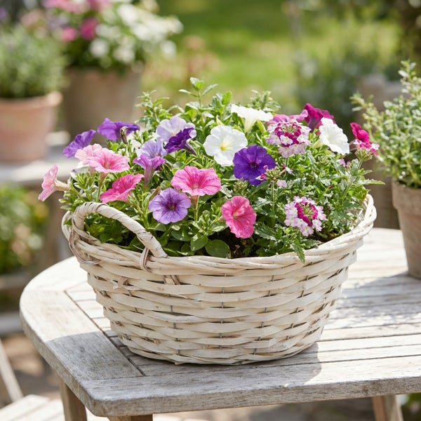 Ein Weidenkorb gefüllt mit einer Mischung aus bunten Petunien und Verbena auf einem Holztisch im Garten.