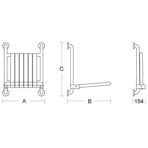 Technische Zeichnung eines klappbaren Duschsitzes mit Maßen für Breite, Höhe und Tiefe in geöffneter und hochgeklappter Position.