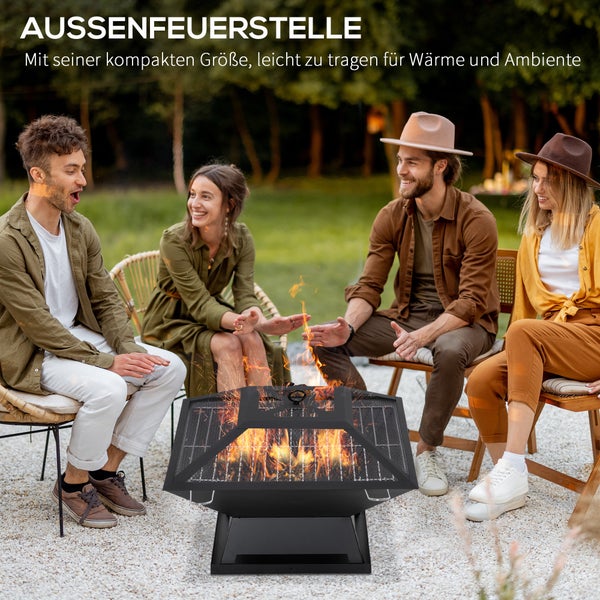 Outsunny Feuerschale mit Funkenschutz, Grillrost, Schürhaken, für Garten, Camping BBQ, 45 x 45 x 34 cm, Stahl, Schwarz