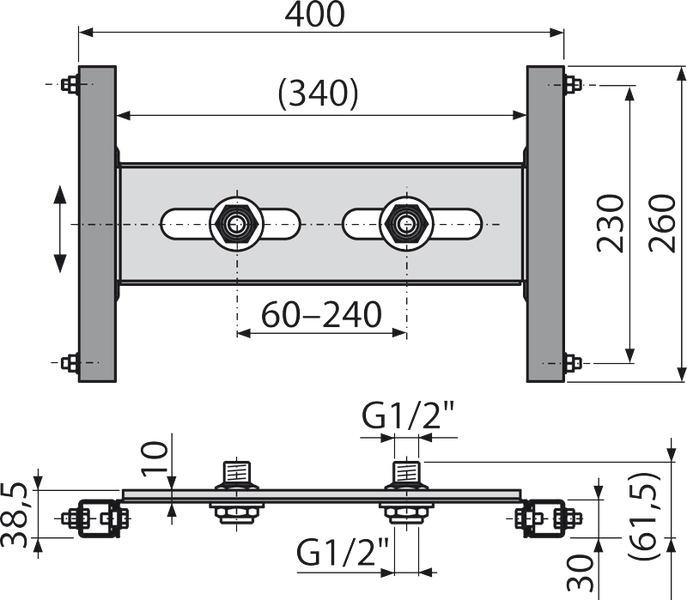 Technische Zeichnung einer Montagehalterung, Breiten 400 und 340 Millimeter, Höhe 230 Millimeter und G 1/2 Zoll Anschlüsse.