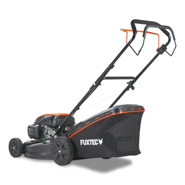 Rasentrimmer mit Fangkorb und Fuxtec Logo
