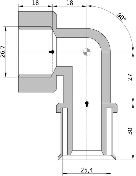 Technische Zeichnung eines 90 Grad Rohrbogens mit Maßangaben in Millimetern.