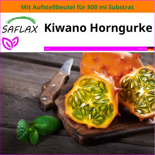 SAFLAX Garden in the bag - Kiwano Horngurke - Cucumis metuliferus - 10 Samen - Mit Anzuchtsubstrat im praktischen, selbst aufstellenden Beutel