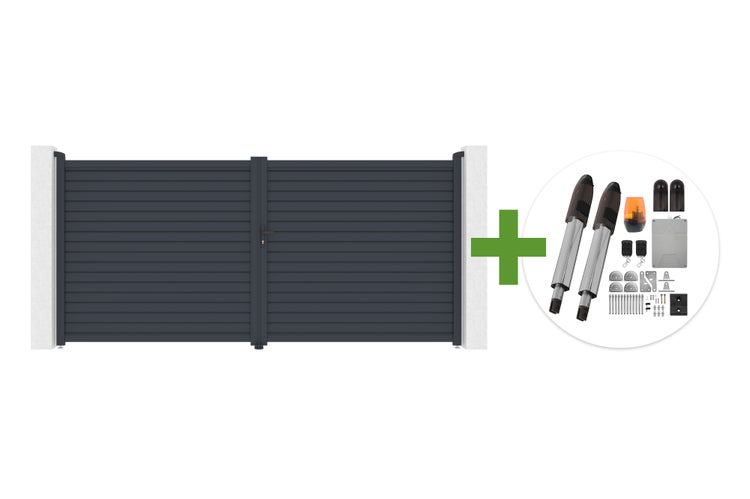 Zweiflügeliges Einfahrtstor mit horizontalen Lamellen inklusive elektrischem Torantrieb-Set und Zubehör.