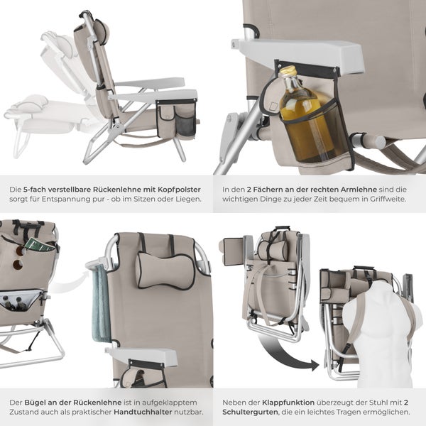 Strandstuhl mit verstellbarer Rückenlehne, Getränkehalter und Tragegurten
