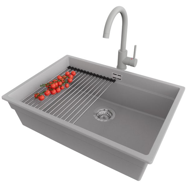 Spüle mit Abtropfgestell und Wasserhahn