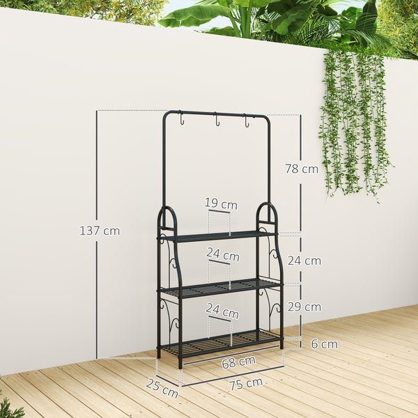Outsunny 3-Etagen Pflanzenständer mit Hängestange, Haken, Blumenständer für Innen, Pflanzenregal aus Metall, mehrstöckig Blumenregal, 137cm hoch Blumentreppe für Wohnzimmer, Garten Balkon, Schwarz