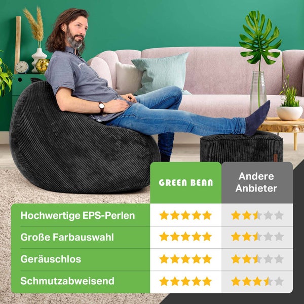 Green Bean 2er Set Indoor XXL Sitzsack + Pouf mit EPS-Perlen Füllung - Fußhocker Fußkissen Hocker Bodenkissen Liegekissen Sitzkissen Lounge Chair - Schwarz