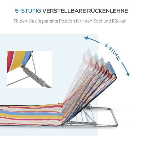 Outsunny Strandmatte, 2er Set Faltbare Strandliege mit Kopfkissen, 5-stufige Höhenverstellbare Strandmatratze mit Tragetasche, Stahl, Mehrfarbig, 134 x 48 x 33-43 cm