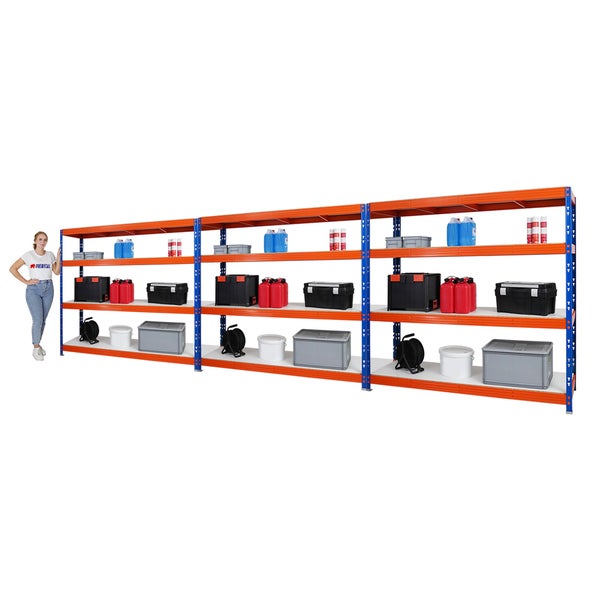 PROREGAL Mega Deal 3x Profi Schwerlastregal Rhino HxBxT 180 x 200 x 60 cm 4 Melamin-Ebenen 16mm Fachlast 500 kg Blau-Orange