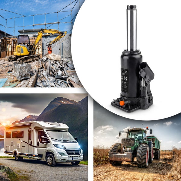 Hydraulikheber mit Anwendungsbeispielen für schwere Fahrzeuge wie Bagger auf Baustellen, Wohnmobile in den Bergen und Traktoren auf Feldern.