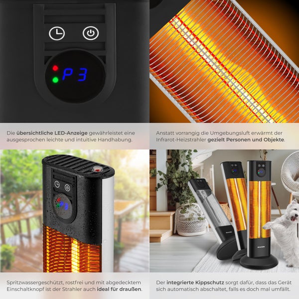 Infrarot Heizstrahler für den Außenbereich mit LED Anzeige und Kippschutz zur punktuellen Wärmeerzeugung und Bedienungsdetails.