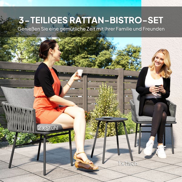Drei teiliges Rattan Bistro Set mit zwei Stühlen und einem Tisch