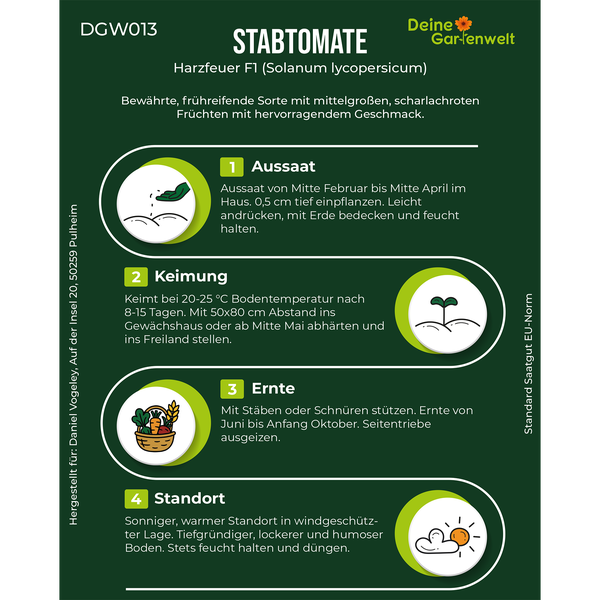 Infografik für Stabtomate Harzfeuer F1 mit Anleitungen zu Aussaat, Keimung, Ernte und Standort. Sorte Solanum lycopersicum. Deine Gartenwelt Logo.