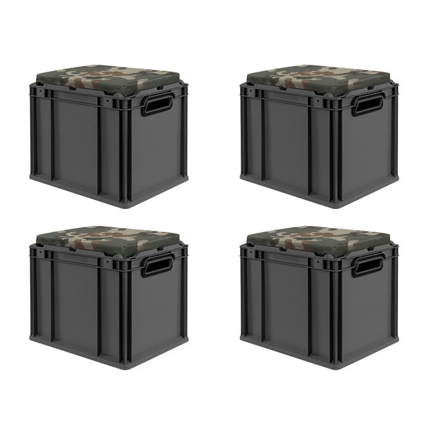 Vier graue Euroboxen mit Tarnmuster-Sitzkissen