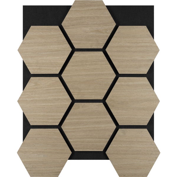 Sechseckiges Wandpaneel in Holzoptik auf schwarzem Trägermaterial.