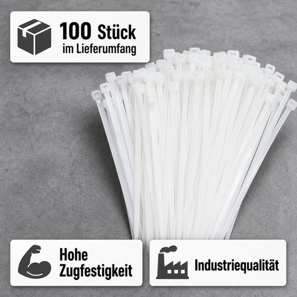 Ein Bündel von einhundert Kabelbindern in Industriequalität mit hoher Zugfestigkeit.