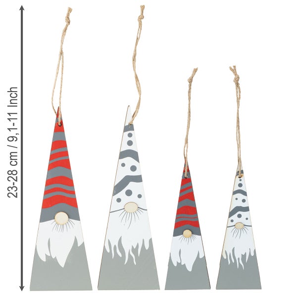 Vier hängende Weihnachtswichtel aus Holz mit einer Größe von 23 bis 28 Zentimetern