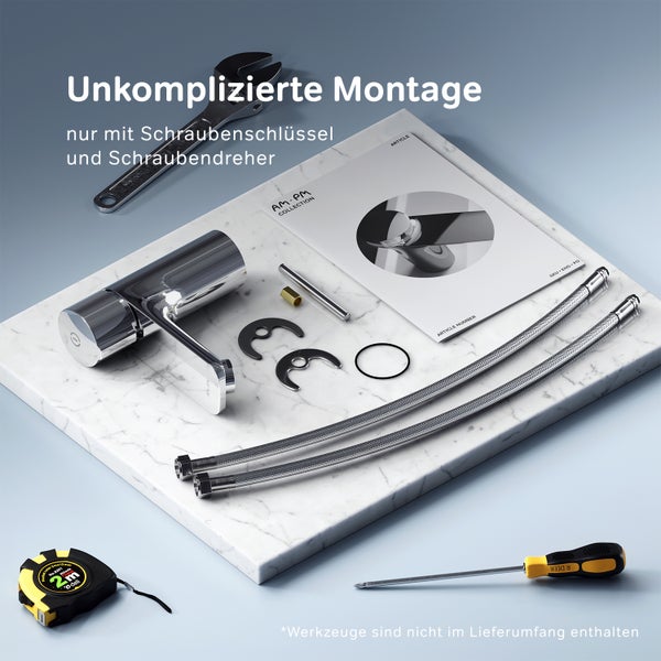 Waschtischarmatur im Set mit Montageanleitung, Anschlussschläuchen und Befestigungsmaterial zur einfachen Installation.