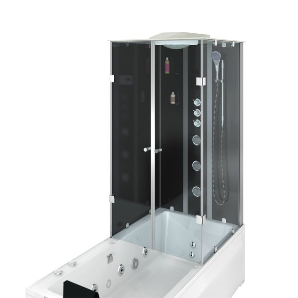 Dusch-Badewannen-Kombination mit Whirlpool-Düsen, dunkler Glasabtrennung, Kopfbrause, Handbrause und Massagedüsen.