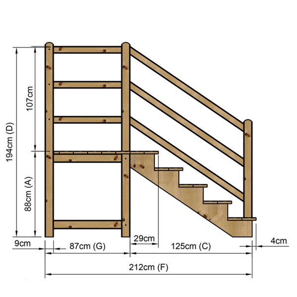 Technische Zeichnung einer Holztreppe mit Regal und Maßangaben