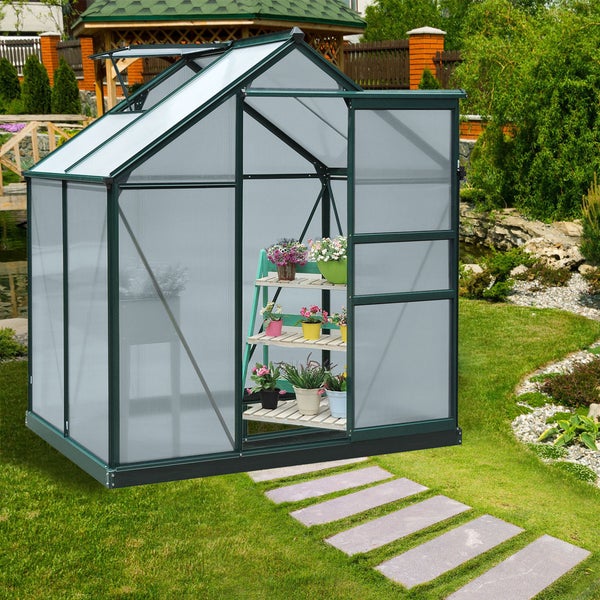 Outsunny Gewächshaus Aluminium Treibhaus mit Dachfenster Tür 190 x 132 x 201 cm Pflanzenhaus mit Fundament begehbares Tomatenhaus Witterungsbeständig Polycarbonat Grün+Transparent