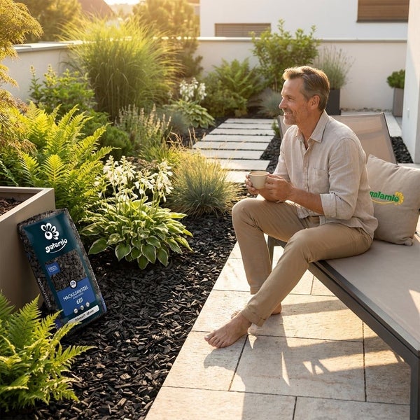 Mann auf Gartenliege in modernem Garten mit dunklem Hackschnitzel, verschiedenen Pflanzen und einer Packung Mulch.