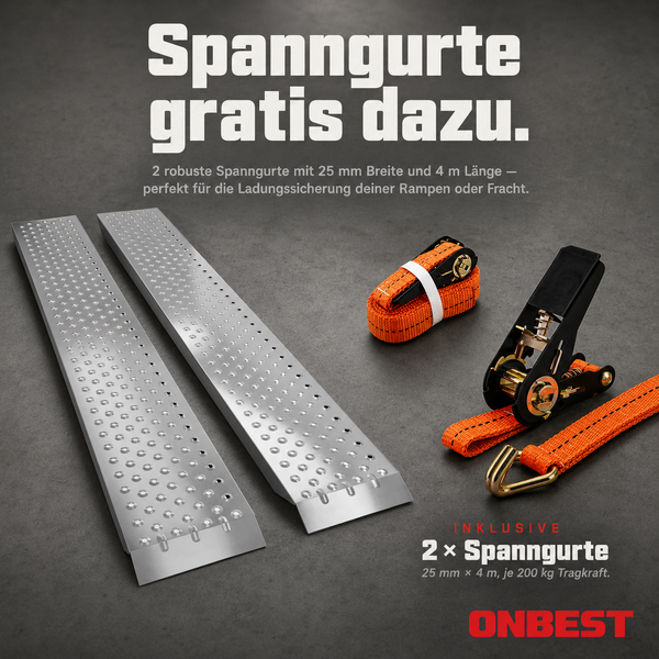Zwei Aluminium-Auffahrrampen mit zwei orangefarbenen Spanngurten von ONBEST, 25 Millimeter breit und 4 Meter lang. ONBEST Logo.