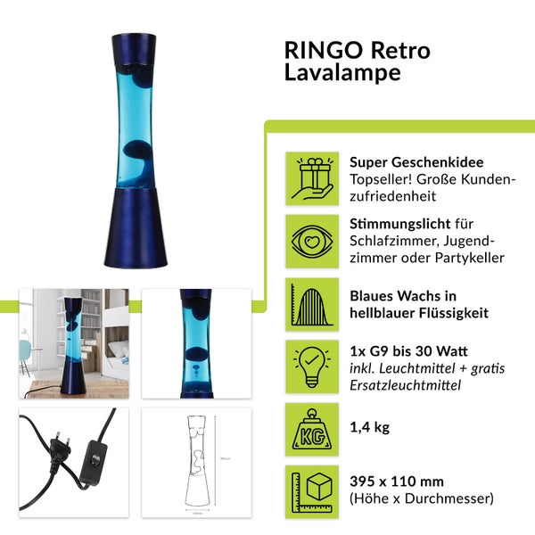 RINGO Retro Lavalampe mit blauem Wachs in hellblauer Flüssigkeit, Leistung 30 Watt