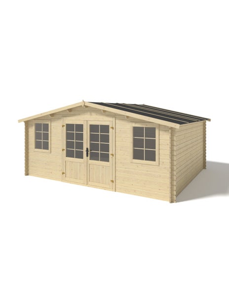 Gartenhaus aus Holz mit Doppeltür mit Fenstereinsätzen und zwei weiteren Fenstern, Satteldach.
