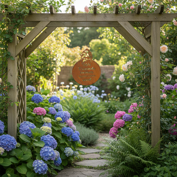 Rundes Gartenschild aus Metall in Rostoptik mit Vögeln und Spruch, hängend an einem Holz-Rosenbogen in einem Garten mit blühenden Hortensien.