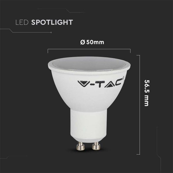 LED-Spotlight von V-TAC mit einem Durchmesser von 50 Millimetern und einer Höhe von 56,5 Millimetern. V-TAC Logo.