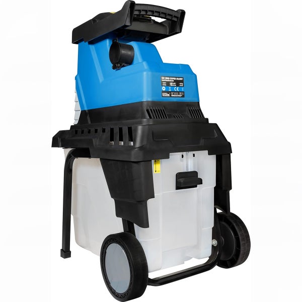 Elektro-Gartenhäcksler GÜDE GH 2800 Super Silent in Blau und Schwarz mit transparenter Fangbox und stabilen Rädern.