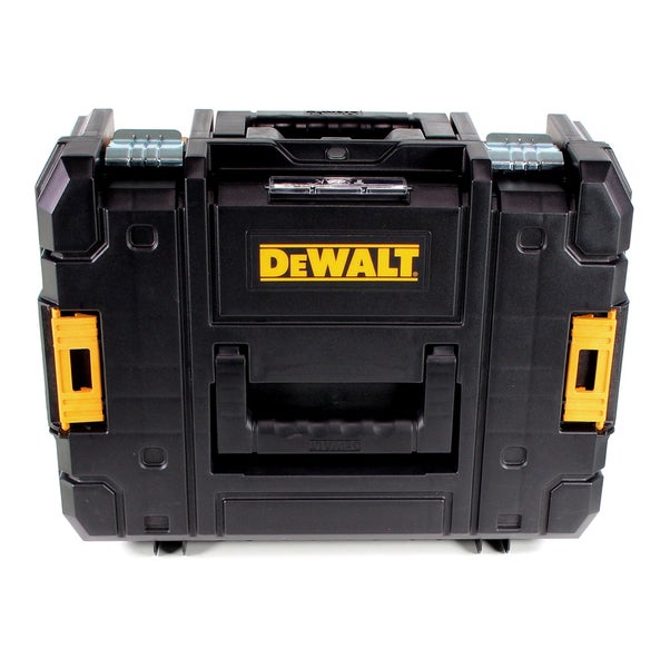 Schwarzer DeWALT Werkzeugkoffer aus Kunststoff mit Metallschließen und Tragegriff.