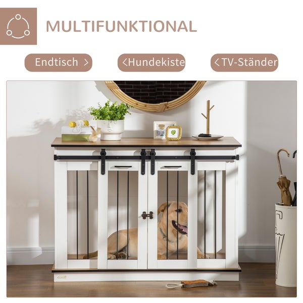 PawHut Hundekäfig, Hundehütte mit Zweiraum-Option, Haustierkäfig mit Doppeltüren, Hundebox, Hundehaus für Mittelegroße Hunde, 120 x 60 x 88,5 cm, Weiß