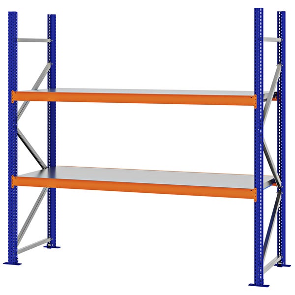 Schwerlastregal aus Metall mit zwei Ebenen, blauen Pfosten, orangefarbenen Traversen und silbernen Fachböden.