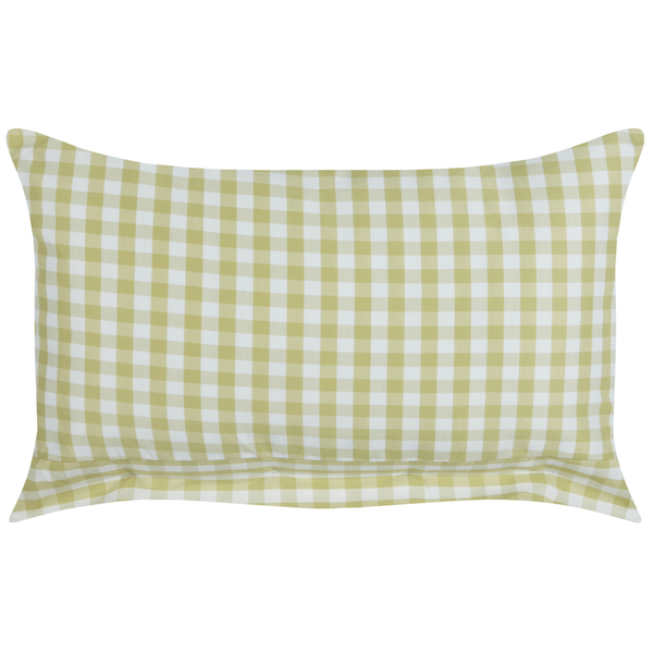 Rechteckiger Kissenbezug mit Gingham-Karomuster und einem dekorativen Saum an der Unterseite.