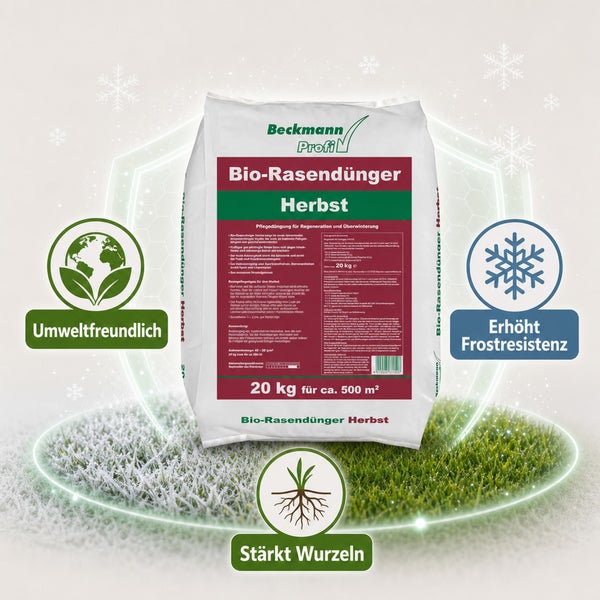 Sack mit Beckmann Profi Bio Rasendünger Herbst für 500 Quadratmeter zur Regeneration und Überwinterung des Rasens.