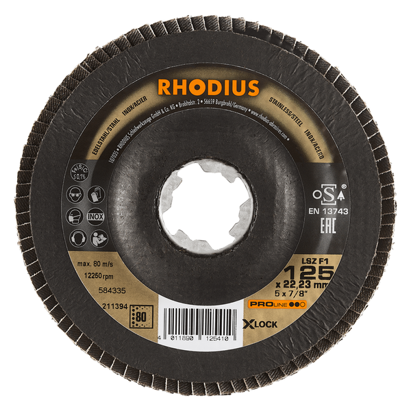 RHODIUS Fächerscheibe LSZ F1 X-LOCK, 10 Stück, 125 x 22,23 mm, Korn 80, für Edelstahl, Stahl, Metall, PROline
